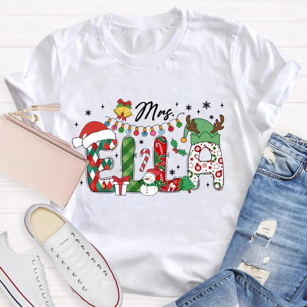 Custom Name Holiday Lights Tee, Personalized Christmas Snowman T-Shirt, Adorable Winter Xmas Shirt, Matching Family Christmas
