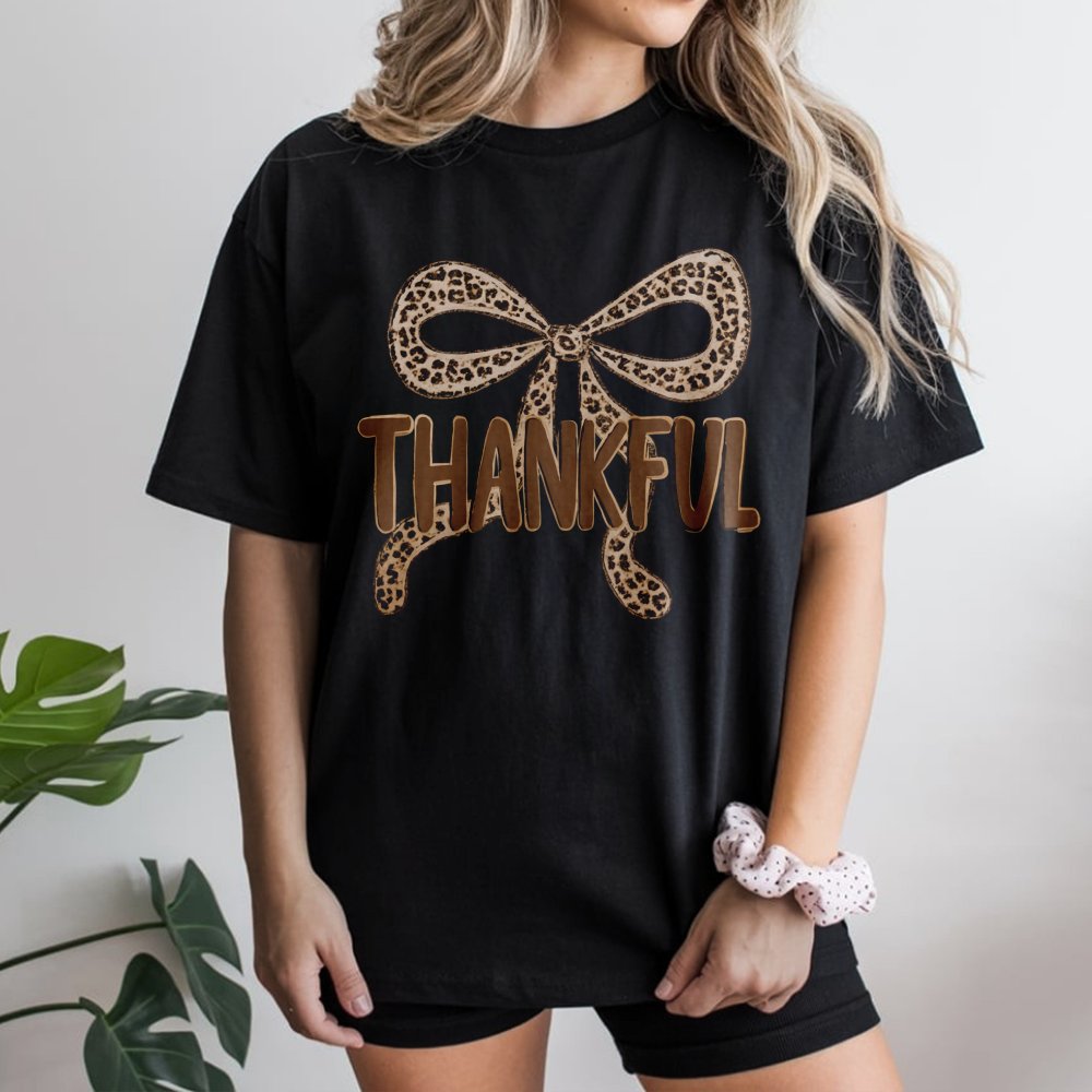 Thankful T-Shirt | Leopard Print Bow Design | 100% Soft Cotton | Thanksgiving Fall Gift for Women