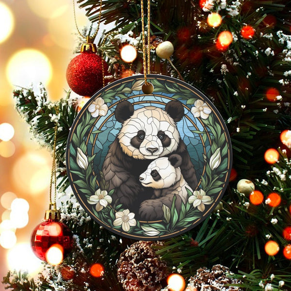 Mama and Baby Panda Ornament, Stained Glass Panda Christmas Ornament, Animal Lover Ceramic Ornament, Adorable Wildlife Holida