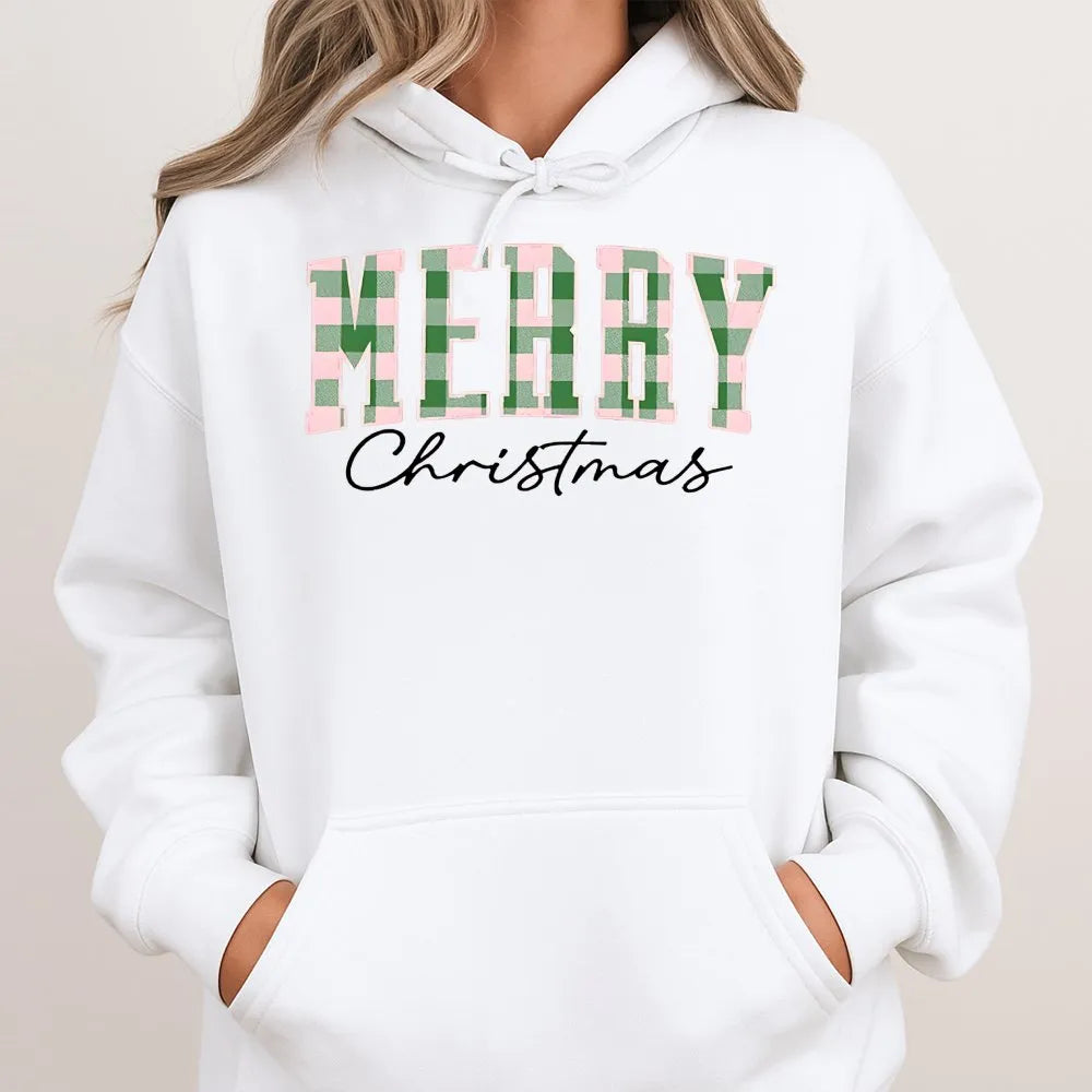 Buffalo Plaid Checkered Lettering Sweatshirt, Merry Christmas Hoodie, Comfy Holiday Winter Pullover, Festive Christmas Party 