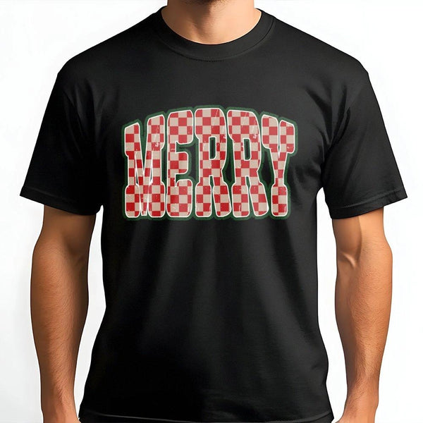 Checkered Red Font Holiday Tee, Retro Merry Christmas T-Shirt, Vintage Christmas Vibes Shirt, Adorable Comfy Winter Vacation 
