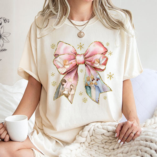 Adorable Christmas Bow T-Shirt, Pink Coquette Nativity Bow Shirt, Christian Holiday Graphic Tee, Religious Xmas Graphic T-Shi