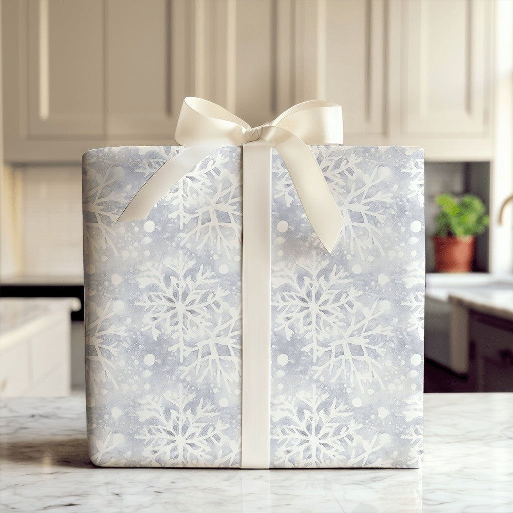 Watercolor Blue and White Christmas Gift Wrap, Winter Snowflake Wrapping Paper, Elegant Festive Wrapping Paper Roll, Holiday 