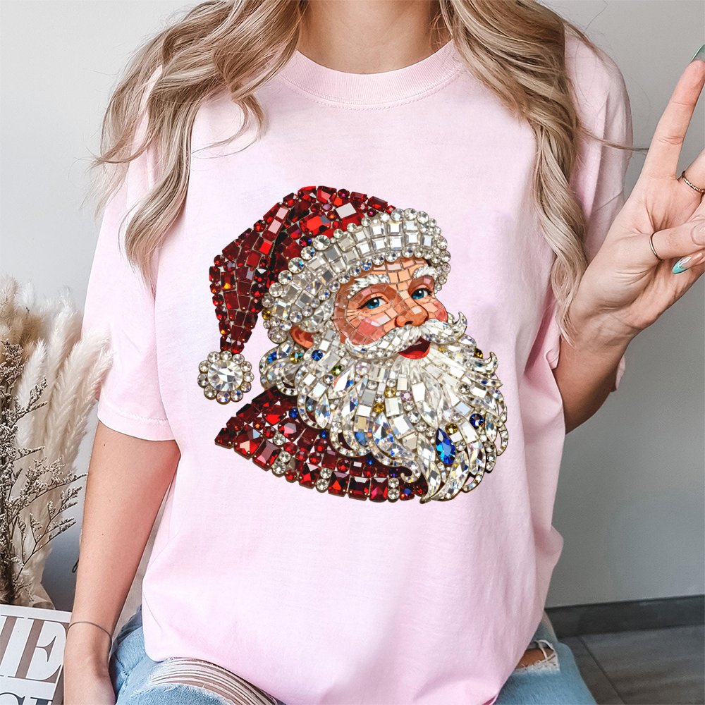 Mosaic Rhinestone Graphic Shirt, Sparkle Santa T-Shirt, Faux Glitter Christmas Tee, Festive Holiday Season Graphic T-Shirt He