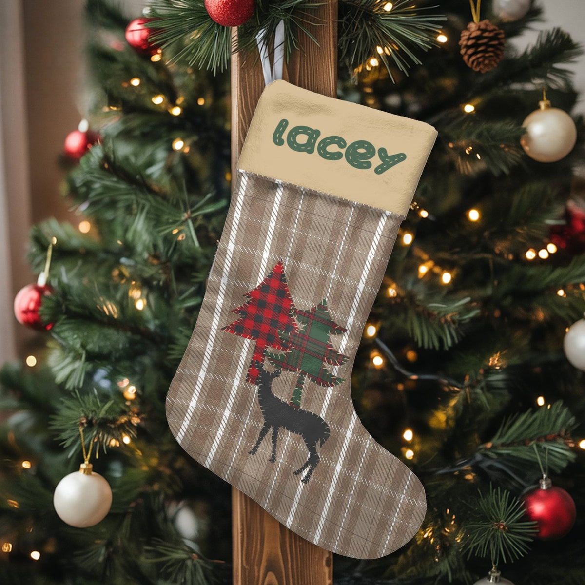 Personalized Christmas Stocking, Rustic Plaid Reindeer Christmas Stocking, Holiday Farmhouse Stocking, Comfy Winter Fireplace