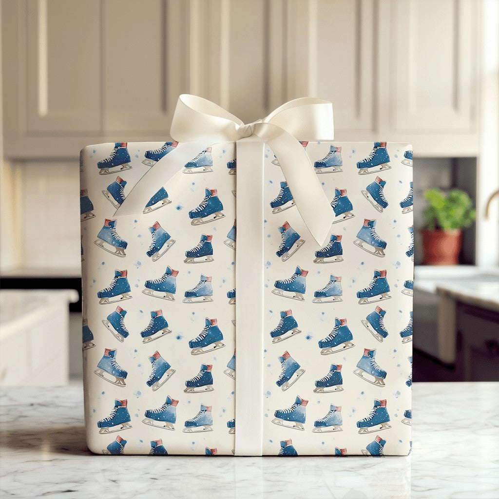 Winter Watercolor Figure Skating Gift Wrap, Ice Skate Wrapping Paper, Holiday Christmas Paper Roll, Seasonal Birthday Wrappin
