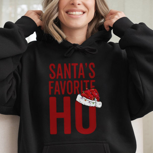 Humorous Christmas Holiday Sweatshirt, Santas Favorite Ho Hoodie, Santa Claus Graphic Hooded Sweater, Naughty Xmas Party Hood
