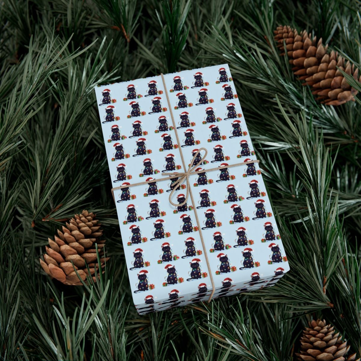 Santa Hat Kitten Gift Wrap, Christmas Black Cat Wrapping Paper, Fairy Lights Holiday Wrapping Paper, Adorable Cat Lover Gift 