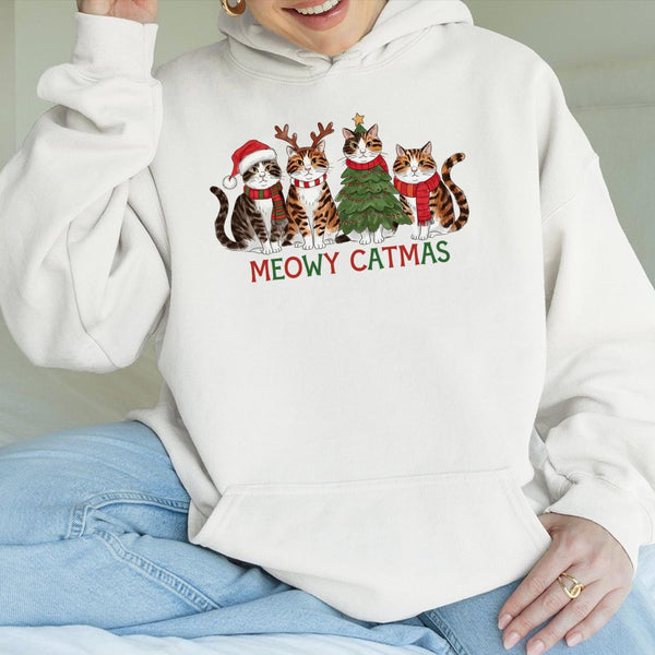 Humorous Christmas Cat Hoodie, Meowy Catmas Hoodie, Adorable Cat Lover Holiday Hooded Sweatshirt, Winter Catmas Pullover, Xma