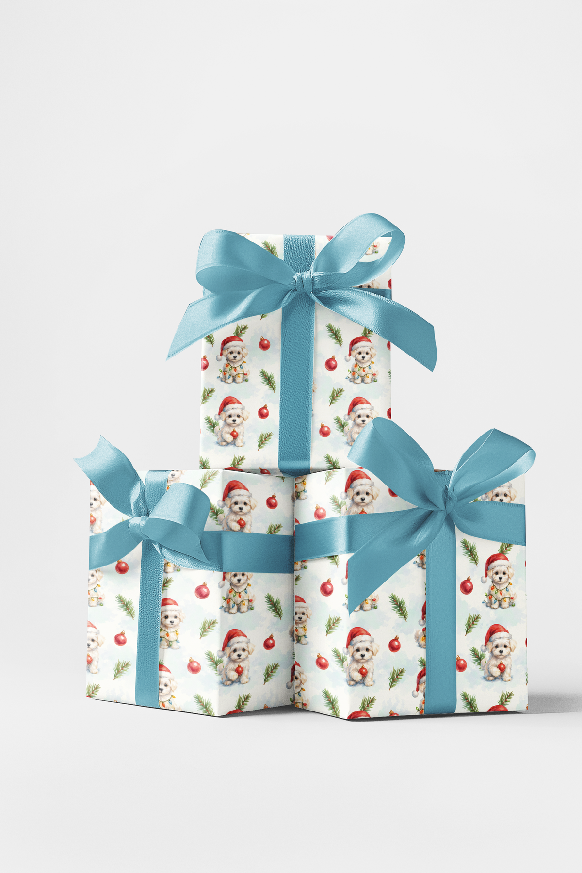 Watercolor Dog in Santa Hat Gift Wrap, Adorable Puppy Christmas Wrapping Paper, Festive Winter Dog Wrapping Paper, Holiday Gi