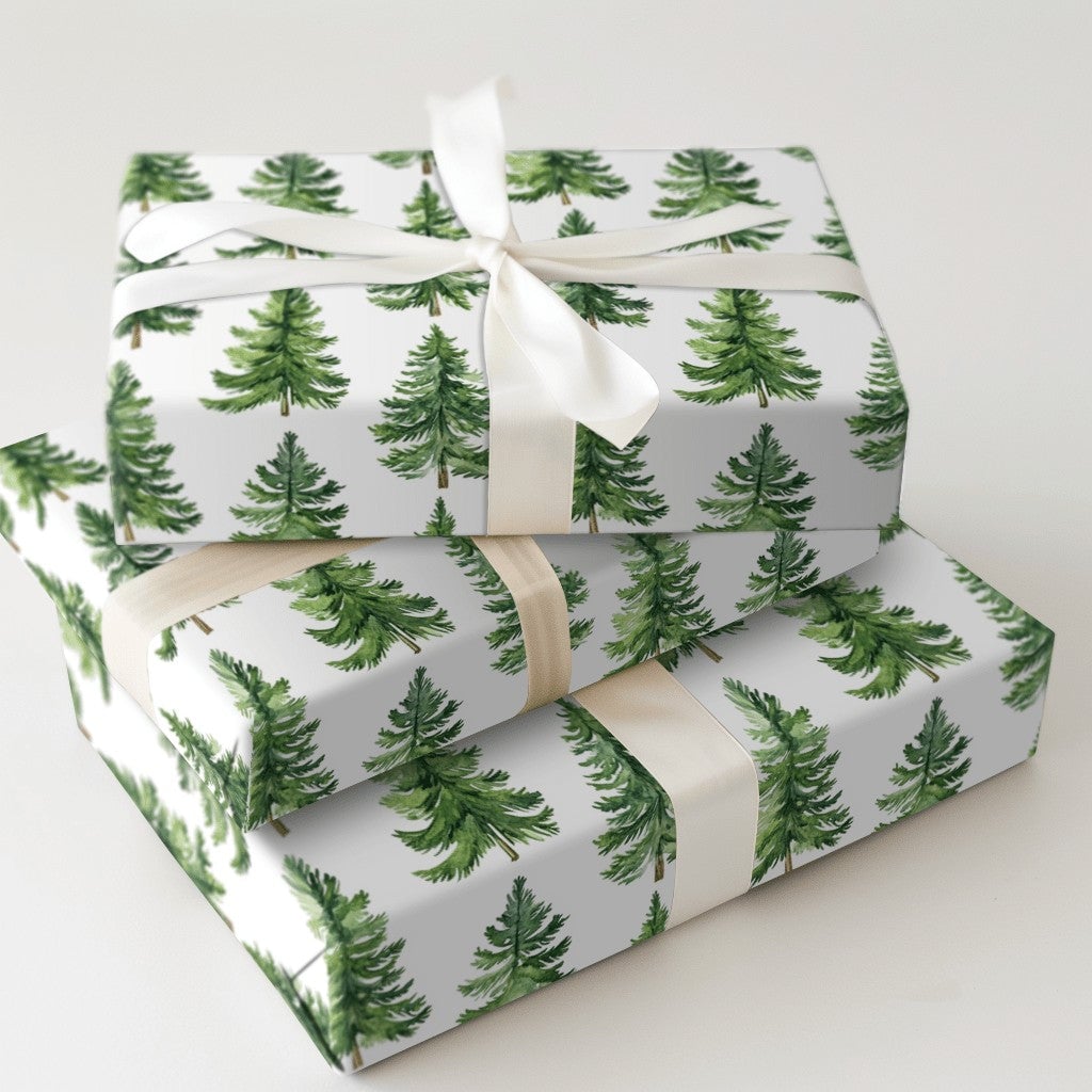 Rustic Woodland Gift Wrap, Watercolor Pine Tree Wrapping Paper, Evergreen Forest Wrapping Paper, Winter Holiday Christmas Gif