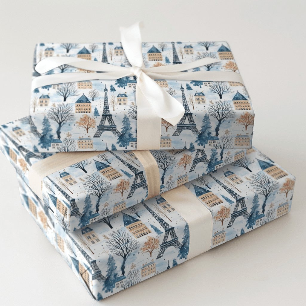 Snowy Eiffel Tower Gift Wrap, Paris Winter Wrapping Paper, French Cityscape Present Paper, Paris France Christmas Holiday Wra