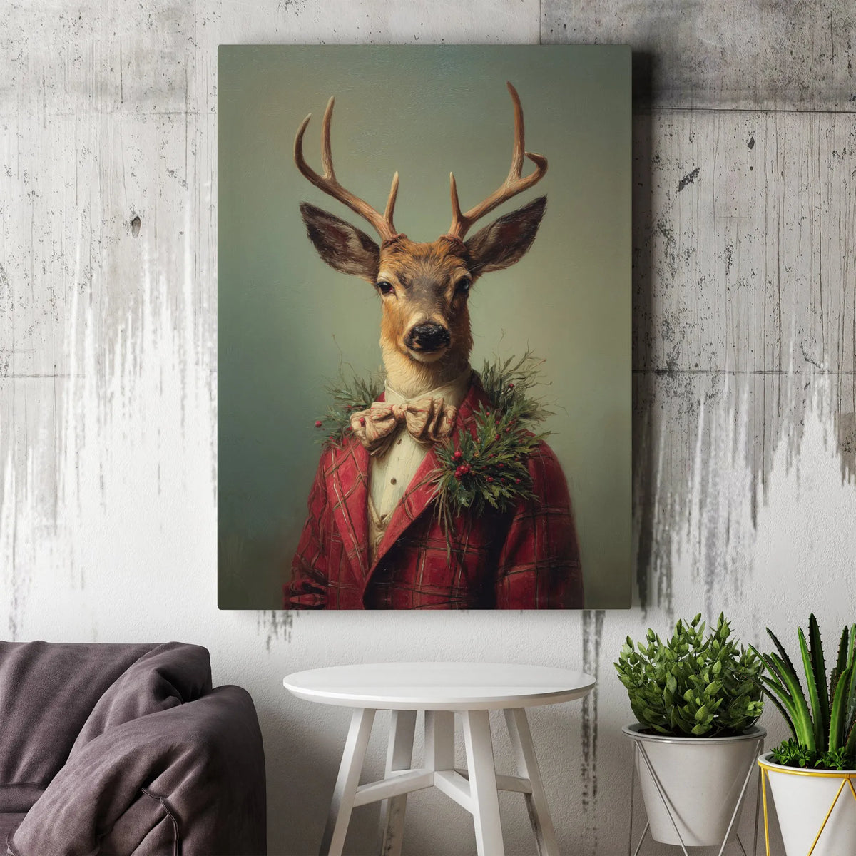 Vintage Christmas Buck Portrait Print, Dapper Deer Red Plaid Suit Canvas Wall Art, Rustic Holiday Lodge Decor, Winter Cabin P