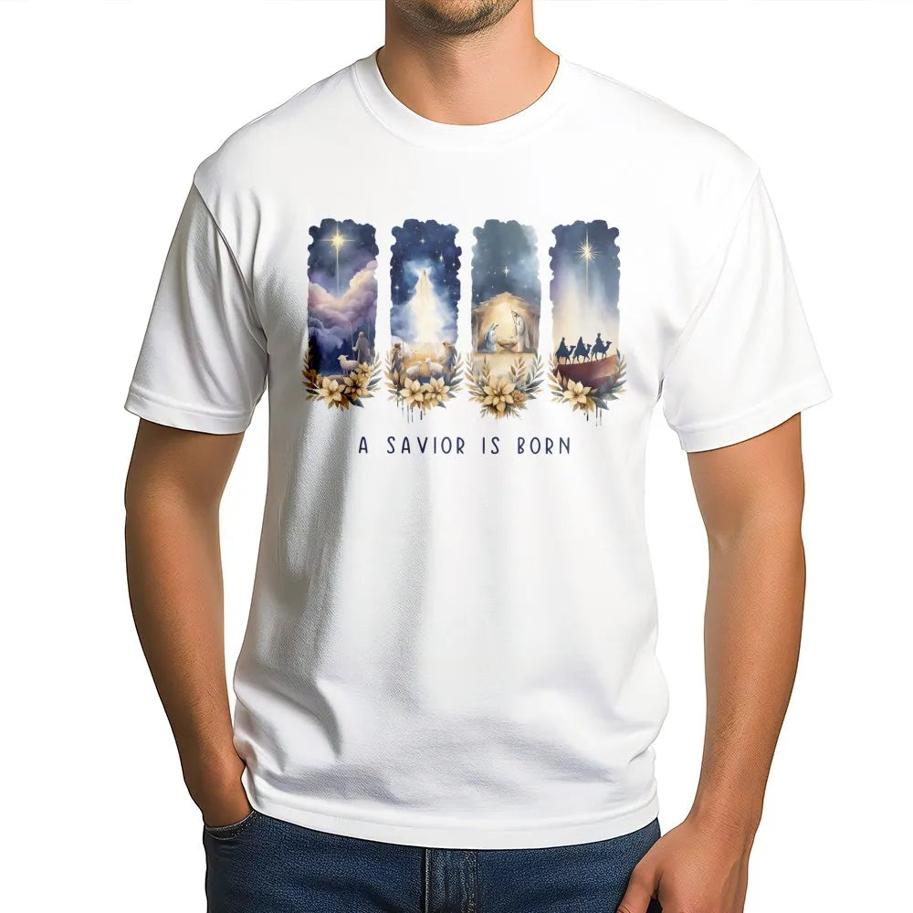 Watercolor Nativity Christmas Shirt, A Savior Is Born T-Shirt, Christian Holiday Graphic Tee, Religious Xmas T-Shirt, Faith P