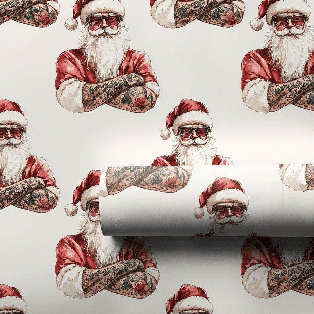 Tattooed Santa Christmas Wrapping Paper, Cool Sunglasses Santa Wrapping Paper, Edgy Holiday Gift Wrap, Fun Xmas Gift Wrapping