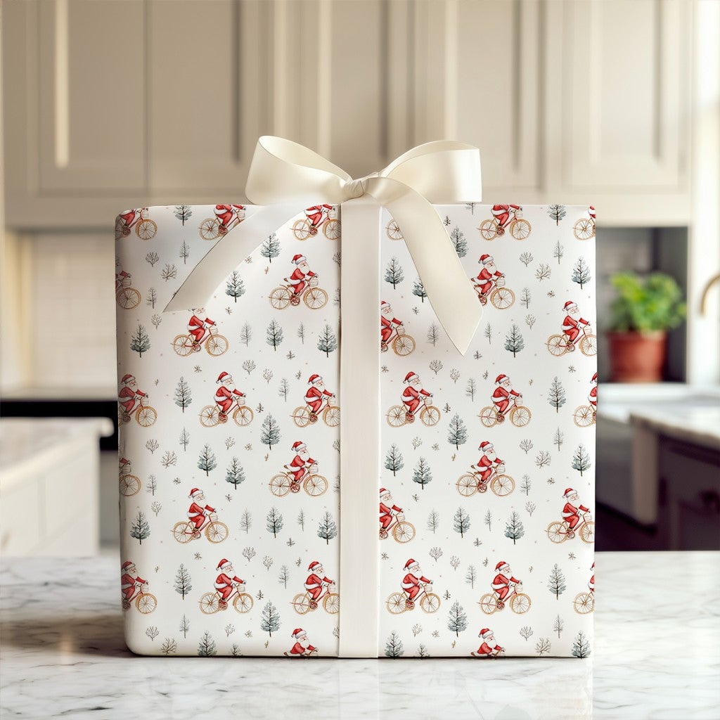 Winter Forest Gift Wrap, Santa on Bicycle Wrapping Paper, Watercolor Christmas Wrapping Paper, Holiday Gift Wrap, Xmas Presen