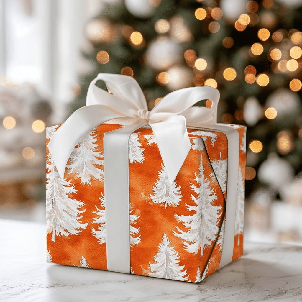 Orange Watercolor Gift Wrap, Pine Tree Christmas Wrapping Paper, Winter Forest Wrapping Paper, Modern Holiday Present Paper R