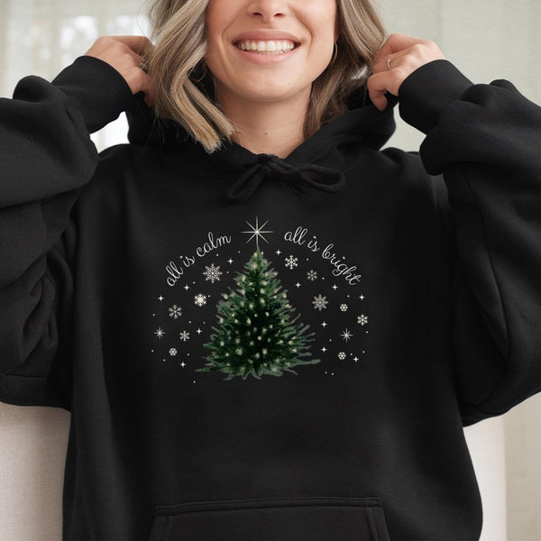 Minimalist Tree Holiday Sweatshirt, All Is Calm All Is Bright Christmas Hoodie, Comfy Winter Graphic Hooded Sweater, Xmas Pre