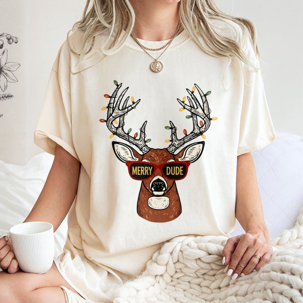 Humorous Reindeer Christmas Graphic Tee, Merry Dude Deer T-Shirt, Holiday Buck Hunter Shirt, Retro Vintage Xmas Hunting Tee