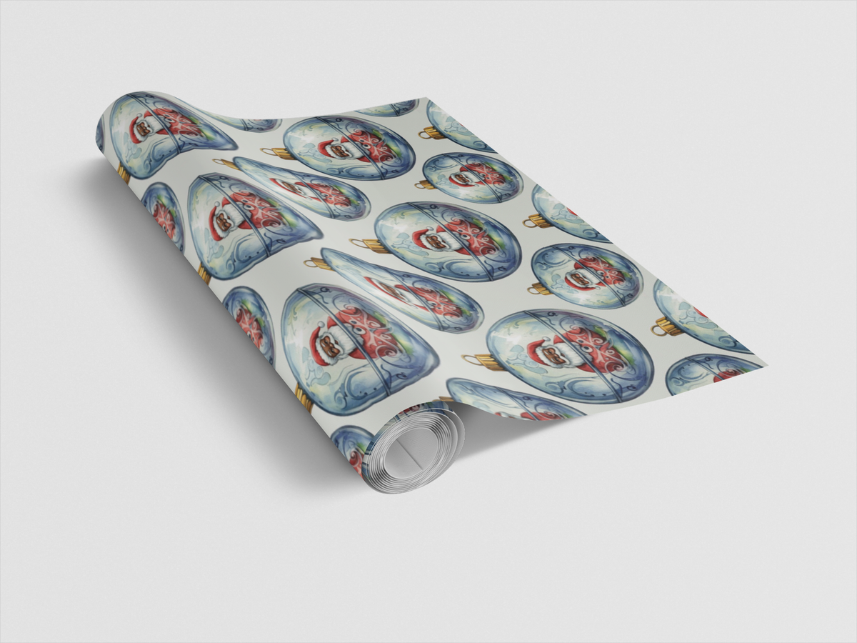 Baroque Christmas Gift Wrap, Santa Ornaments Wrapping Paper, Vintage Santa Holiday Present Paper, Glass Ornament Wrapping Pap