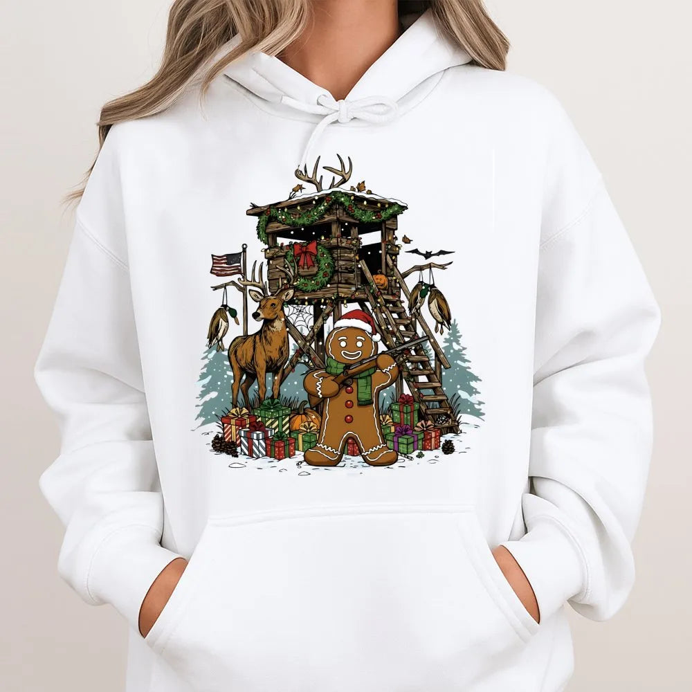 Christmas Deer Hunter Hoodie, Humorous Gingerbread Man Hunting Hoodie, Holiday Hunting Scene Hoodie, Adorable Xmas Outdoor Sw