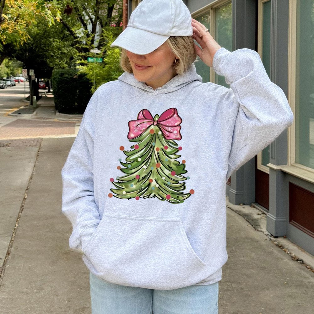 Pink Bow Christmas Tree Hooded Sweatshirt, Watercolor Christmas Tree Hoodie, Adorable Holiday Tree Pullover, Festive Christma