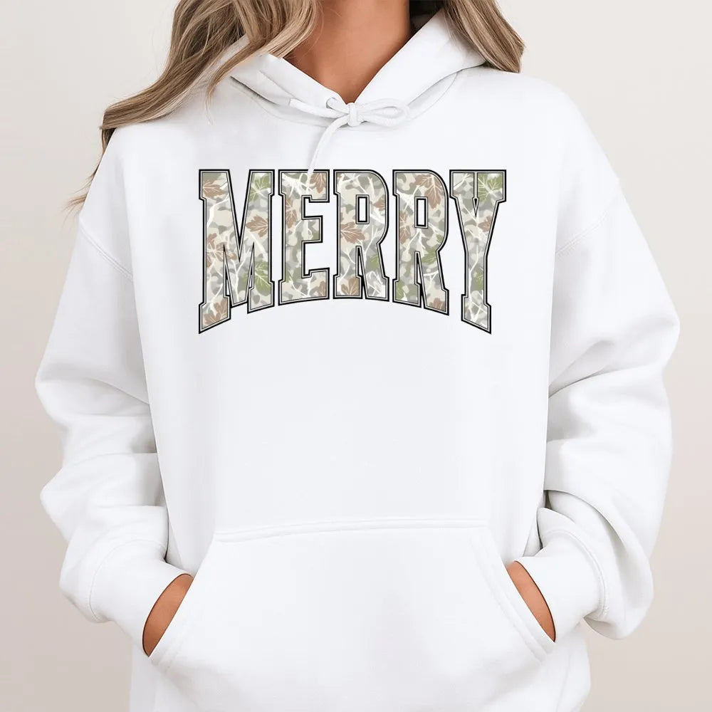 Varsity Letter Camo Hoodie, Merry Christmas Camo Hoodie, Camo Holiday Graphic Sweatshirt, Camouflage Christmas Pullover, Wint