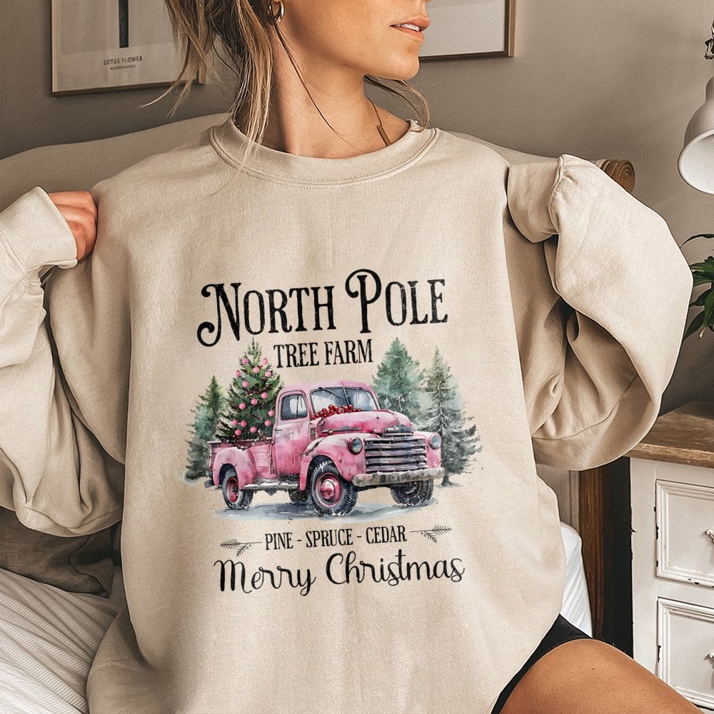 Pink Vintage Truck Christmas Crewneck, North Pole Tree Farm Sweatshirt, Coquette Holiday Tree Sweater, Adorable Winter Xmas P