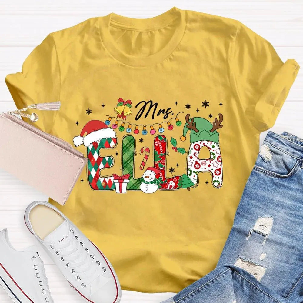 Custom Name Holiday Lights Tee, Personalized Christmas Snowman T-Shirt, Adorable Winter Xmas Shirt, Matching Family Christmas
