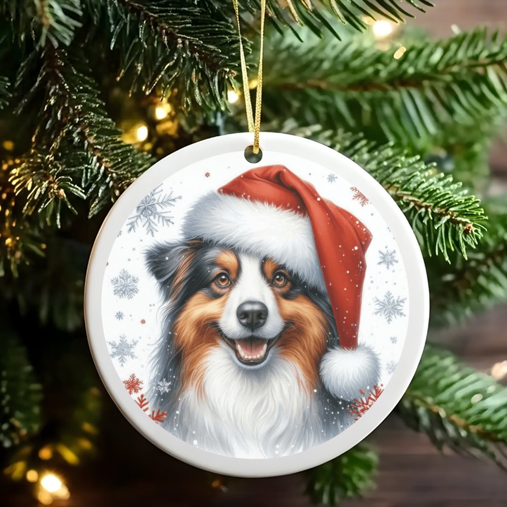 Santa Hat Aussie Dog Ornament, Australian Shepherd Christmas Ornament, Ceramic Australian Shepherd Ornament, Holiday Present 
