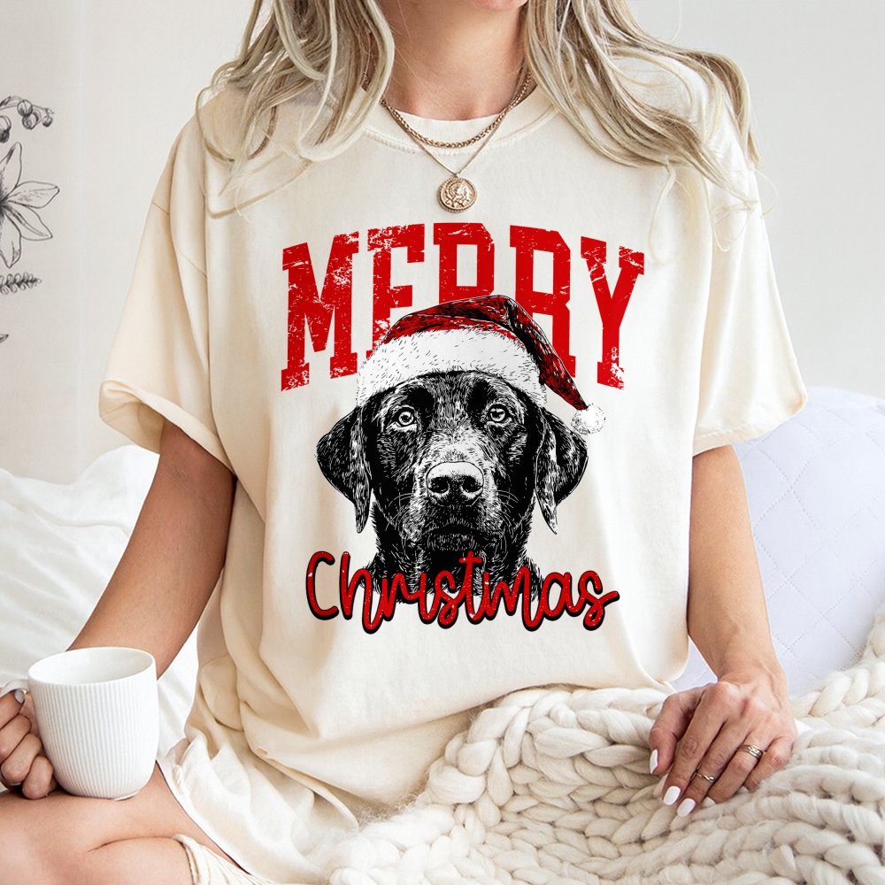 Santa Hat Dog Christmas Shirt, Black Labrador Christmas T-Shirt, Black Lab Holiday Graphic Tee, Dog Lover Christmas T-Shirt, 