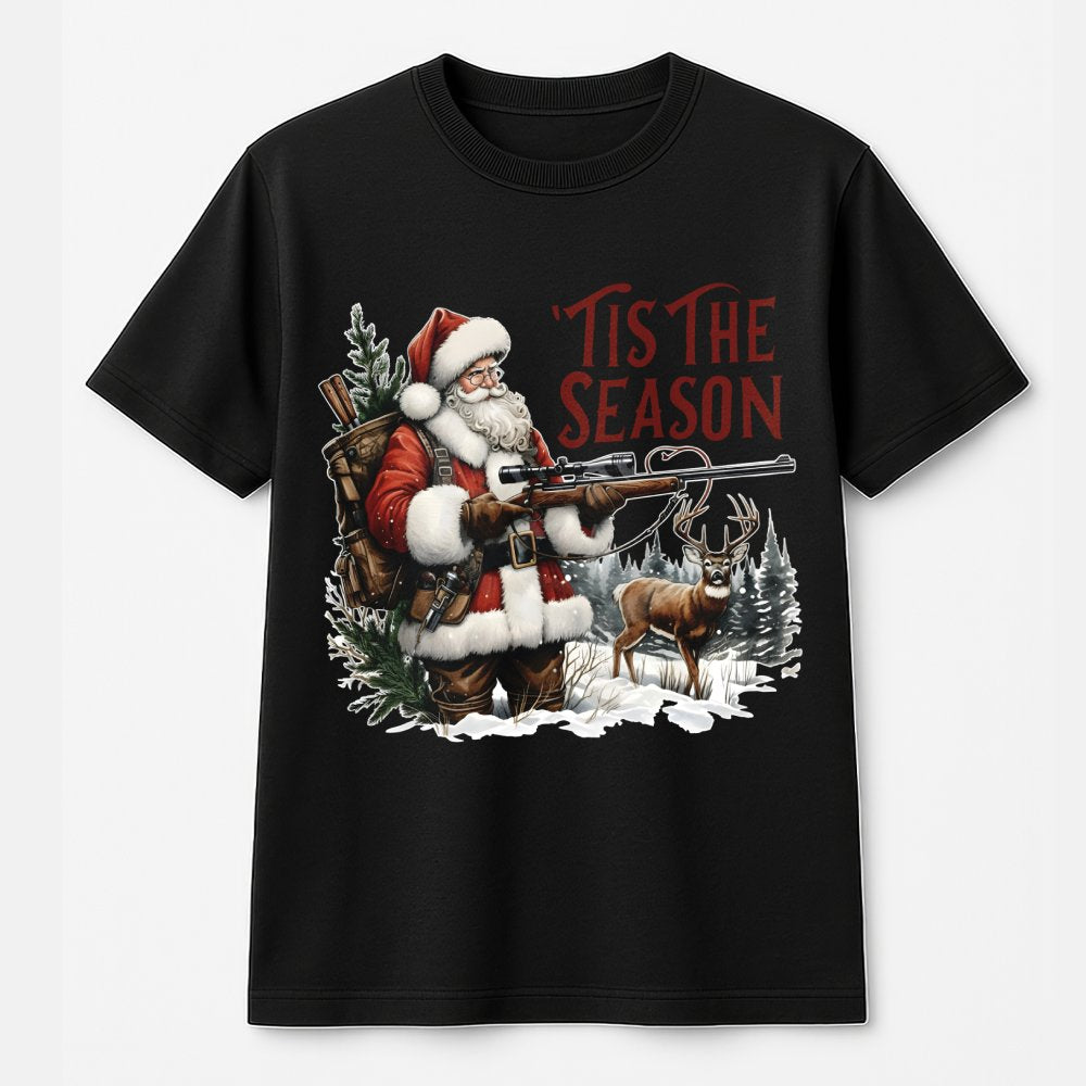 Humorous Deer Hunter Christmas T-Shirt, Tis the Season Santa Hunting Shirt, Retro Xmas Hunting Tee, Outdoorsman Holiday Graph