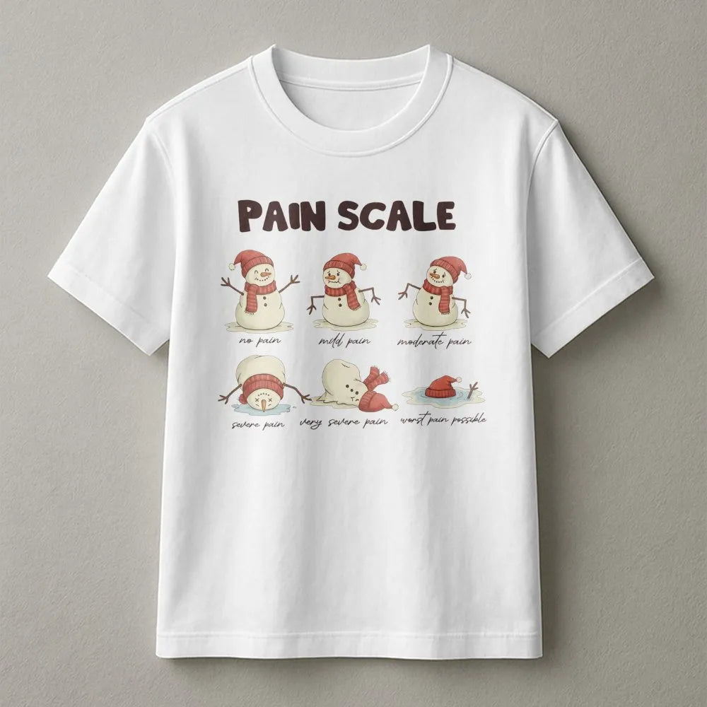 Humorous Medical Humor Shirt, Snowman Pain Scale Christmas Nurse T-Shirt, Holiday Healthcare Graphic Tee, Winter Hospital Tee