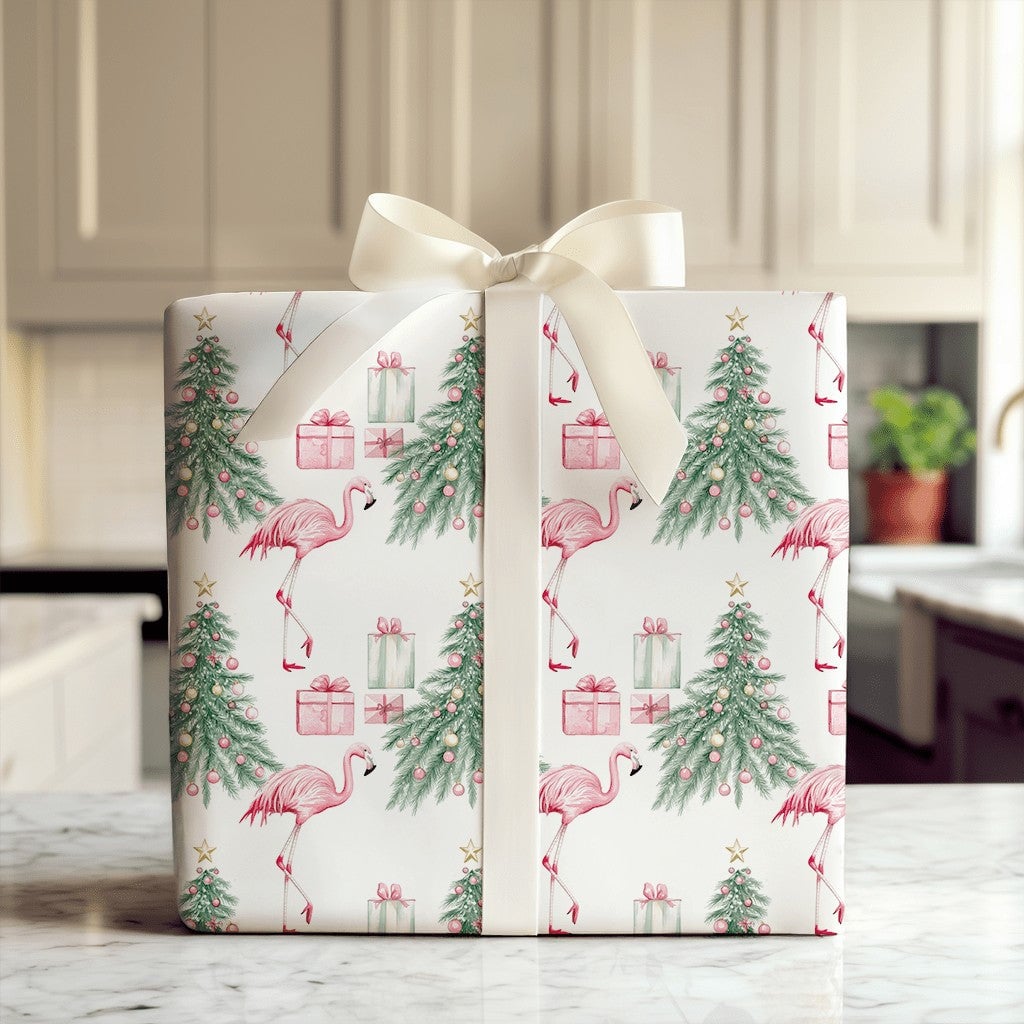 Tropical Holiday Gift Wrap, Pink Flamingo Christmas Wrapping Paper, Watercolor Flamingo Tree Wrapping Paper, Whimsical Christ
