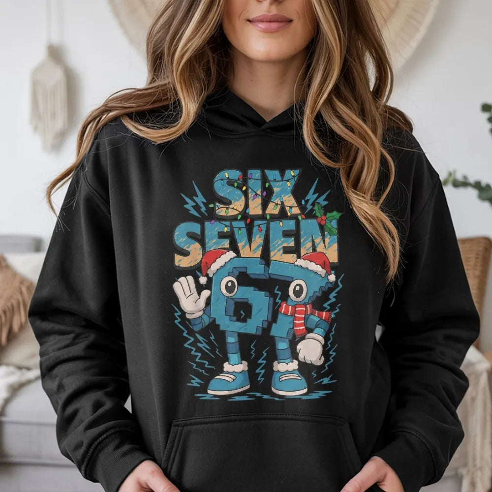 Humorous Brainrot Meme Sweatshirt, Six Seven Christmas Hoodie, Gen Z Holiday Hooded Pullover, Viral Xmas Graphic Hoodie, Teen