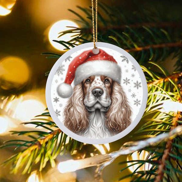 Santa Hat Dog Ceramic Ornament, English Cocker Spaniel Christmas Ornament, Adorable Puppy Holiday Ornament, Pet Lover Tree De