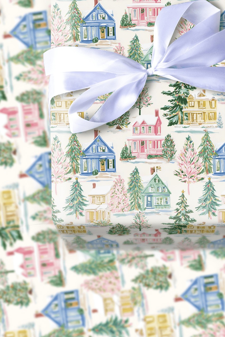 Winter Village Holiday Gift Wrap, Watercolor Christmas Wrapping Paper, Festive Xmas Gift Wrap Paper, Seasonal Present Wrappin
