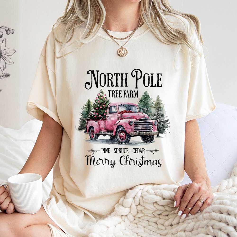 Vintage Pink Truck Christmas Shirt, North Pole Tree Farm T-Shirt, Retro Holiday Graphic Tee, Adorable Farmhouse Winter T-Shir