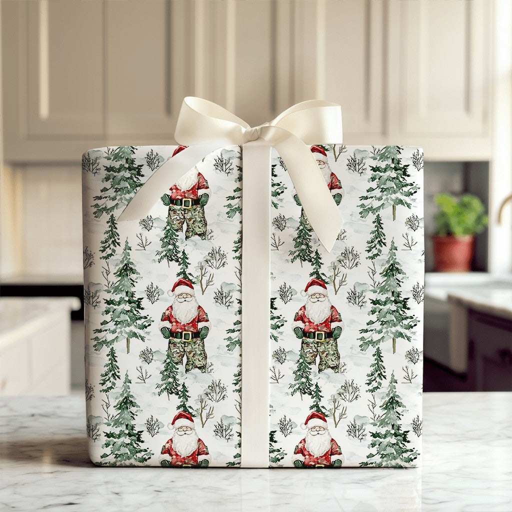 Military Soldier Holiday Gift Wrap, Camo Santa Christmas Wrapping Paper, Camouflage Santa Wrapping Paper, Veteran Present Wra
