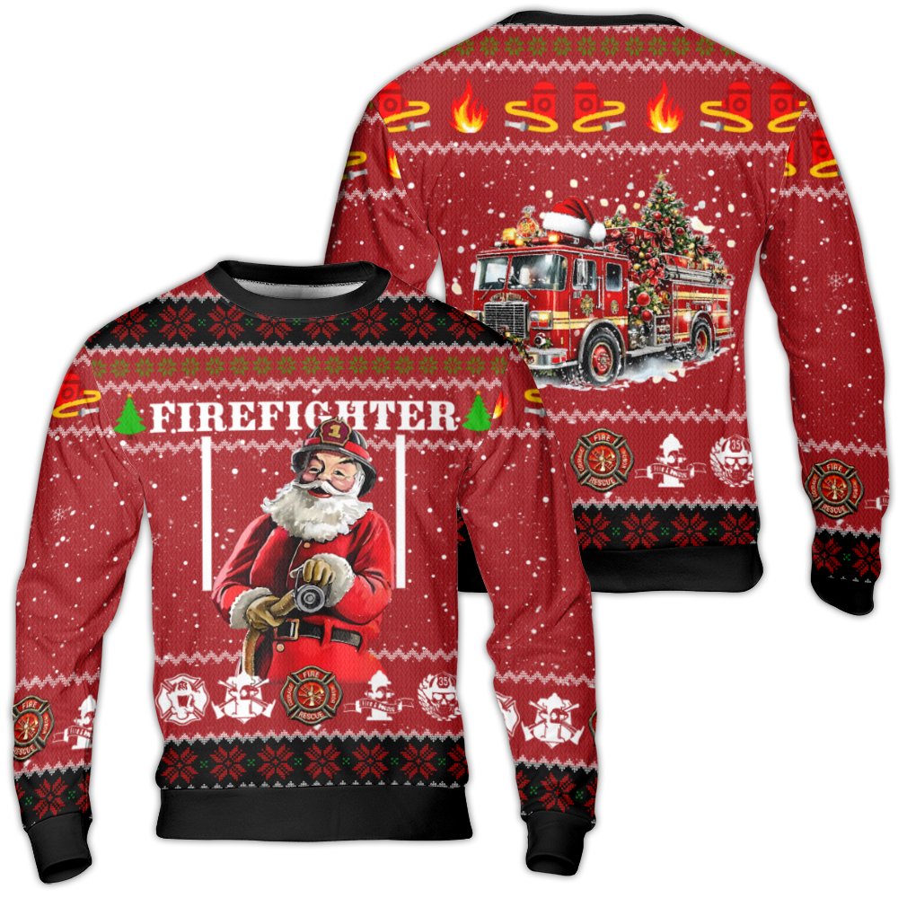 Fire Truck Holiday Sweatshirt, Firefighter Santa Ugly Christmas Sweater, Humorous Fireman Xmas Crewneck, Fire Dept Holiday Sw