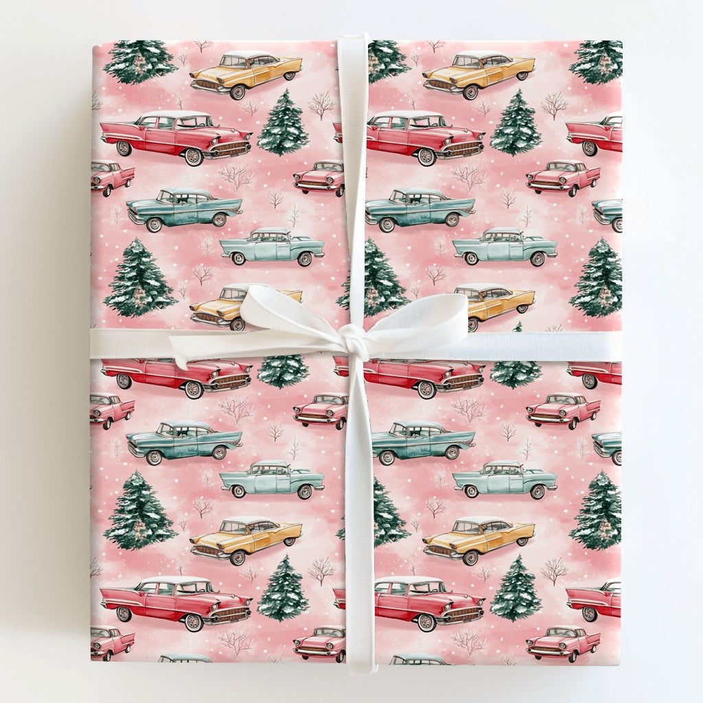 Retro Winter Tree Holiday Wrapping Paper, Vintage Pink Christmas Car Wrapping Paper, Pastel Xmas Gift Wrap Roll, Snowy Season