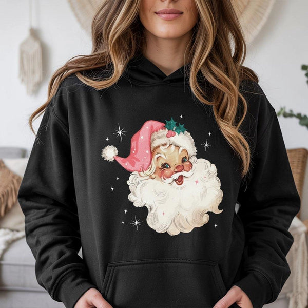 Vintage Santa Christmas Hoodie, Pink Hat Retro Santa Hoodie, Adorable Pink Holiday Hoodie, Winter Aesthetic Hooded Sweatshirt