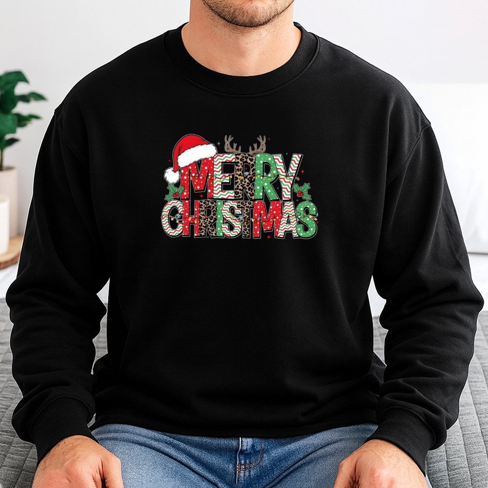 Animal Print Holiday Crewneck, Leopard Reindeer Merry Christmas Sweatshirt, Adorable Xmas Graphic Pullover, Festive Winter Sw