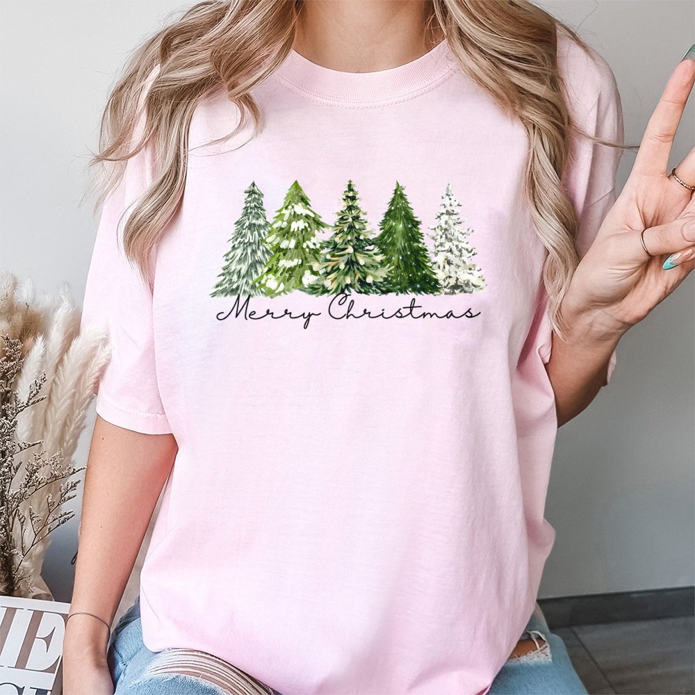 Merry Christmas Forest Graphic Tee, Watercolor Pine Tree Shirt, Festive Holiday Season T-Shirt, Winter Nature Tee, Xmas Prese