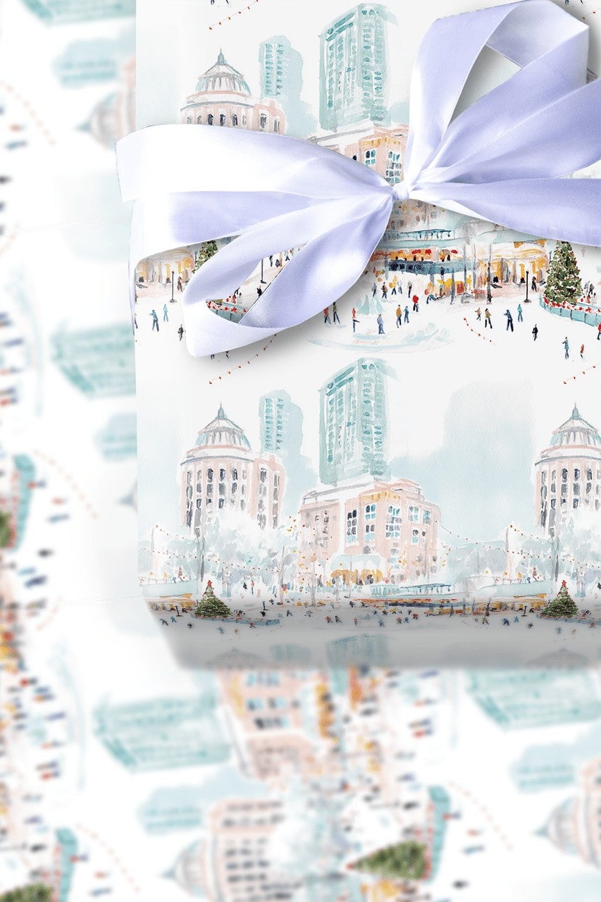 Winter Town Square Gift Wrap, Ice Skating City Wrapping Paper, Festive Christmas Tree Wrapping Paper, Holiday Season Wrapping