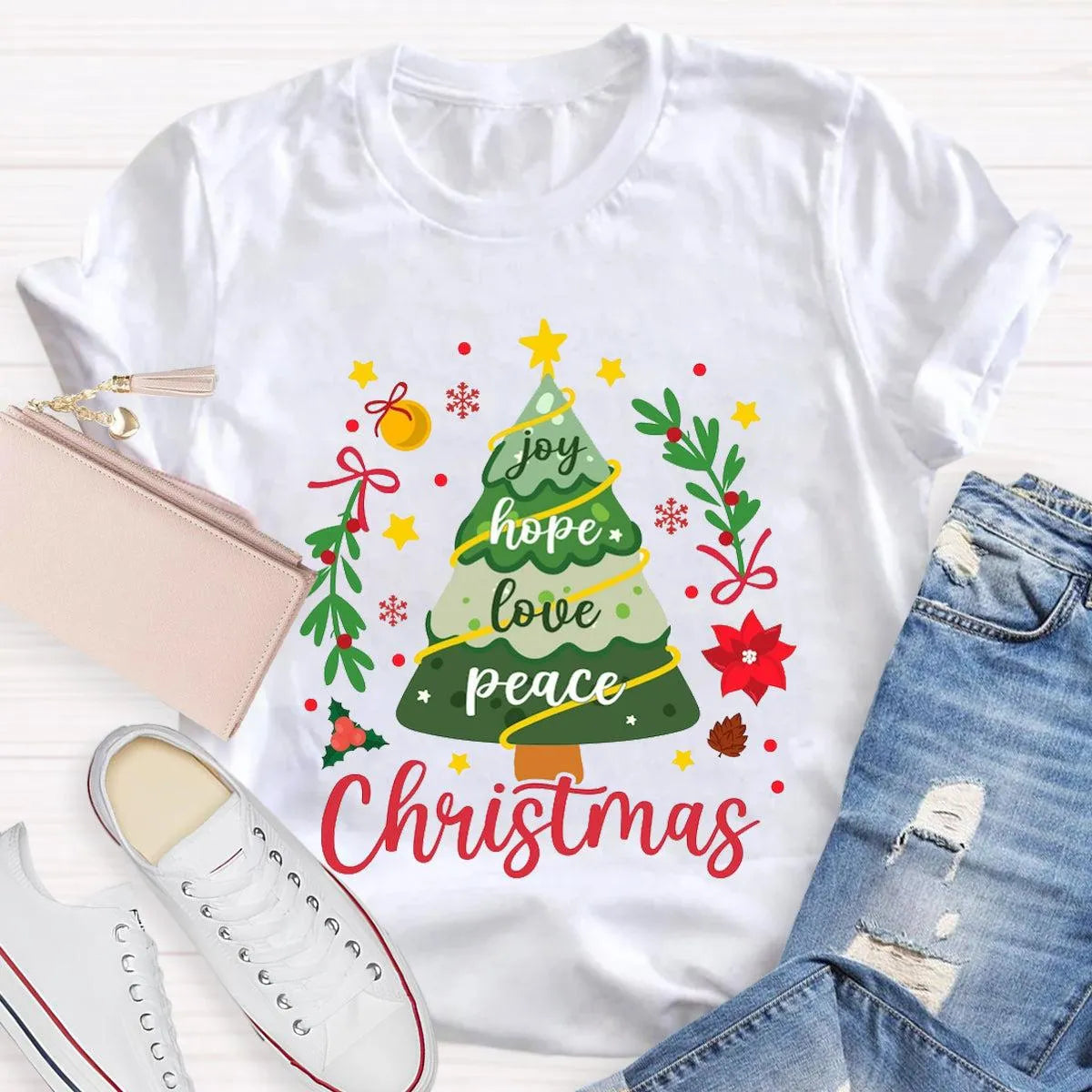 Joy Hope Love Peace Holiday Graphic Tee, Christmas Tree T-Shirt, Retro Xmas Tree Shirt, Festive Holiday Apparel Present