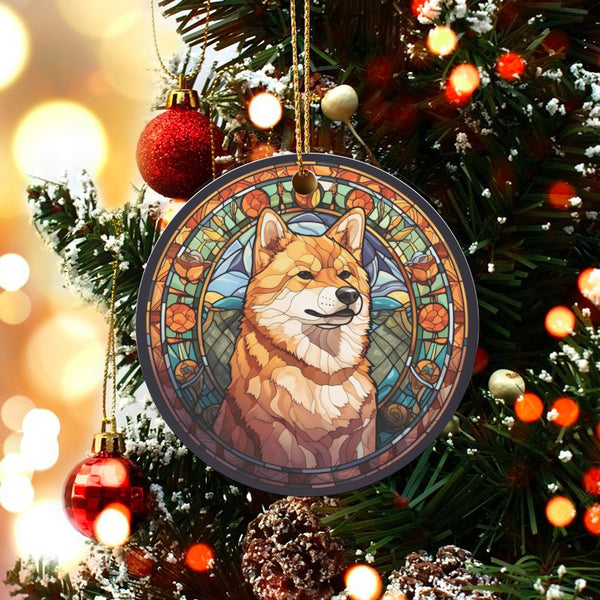 Japanese Dog Holiday Ornament, Stained Glass Shiba Inu Christmas Ornament, Colorful Puppy Ceramic Ornament, Pet Lover Keepsak