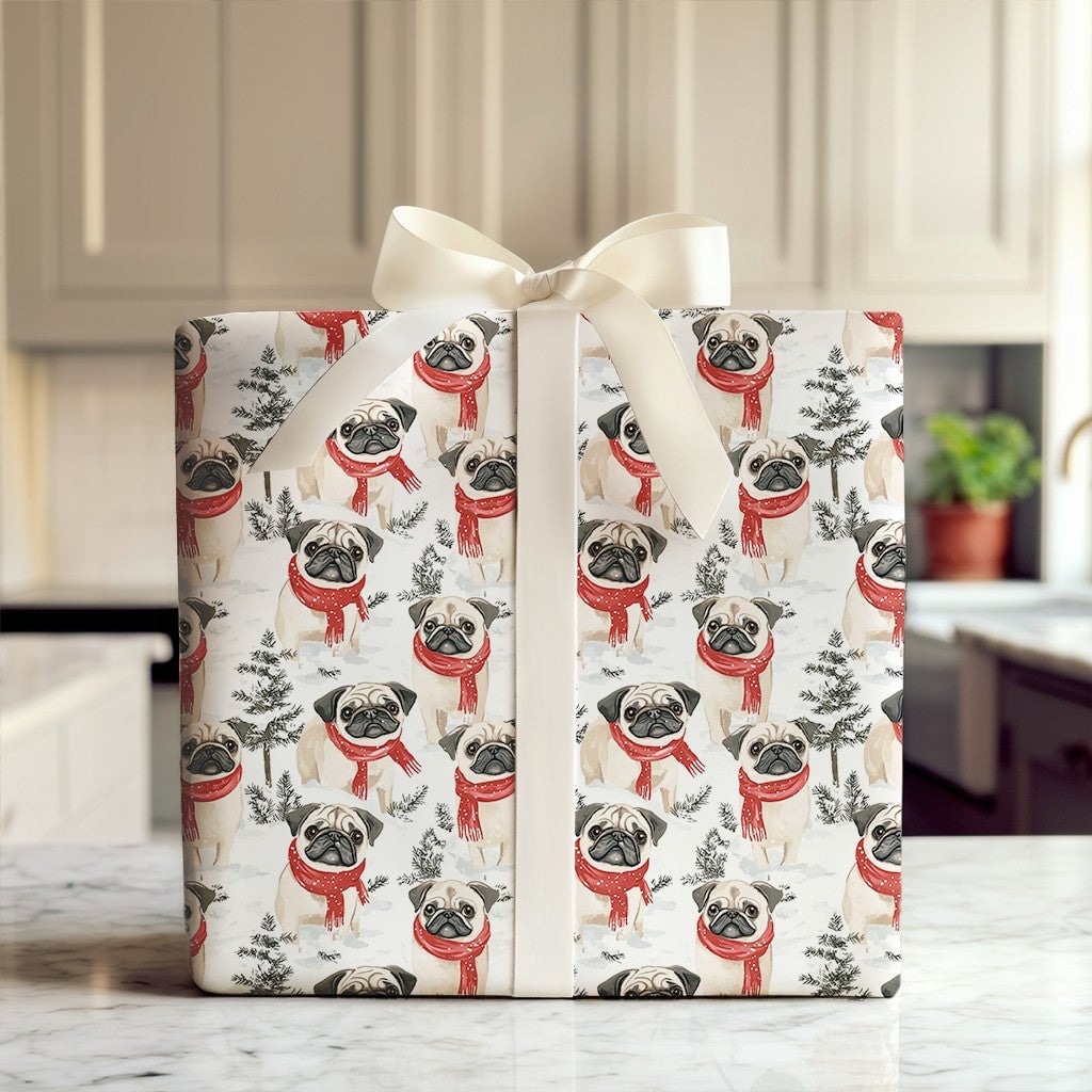 Festive Winter Scarf Pug Gift Wrap, Pug Dog Christmas Wrapping Paper, Holiday Puppy Wrapping Paper, Adorable Dog Lover Christ