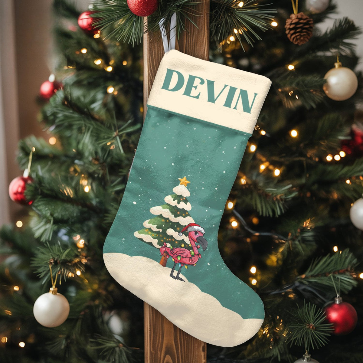 Tropical Bird Holiday Stocking, Pink Flamingo Christmas Stocking, Personalized Christmas Stocking, Coastal Fireplace Mantel D