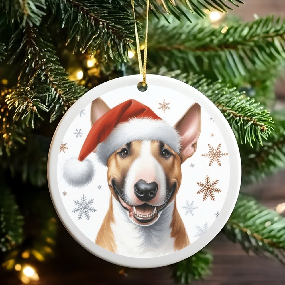 Santa Hat Dog Ornament, Bull Terrier Christmas Ornament, Festive Pet Ceramic Ornament, Holiday Puppy Tree Decor, Dog Lover Ke